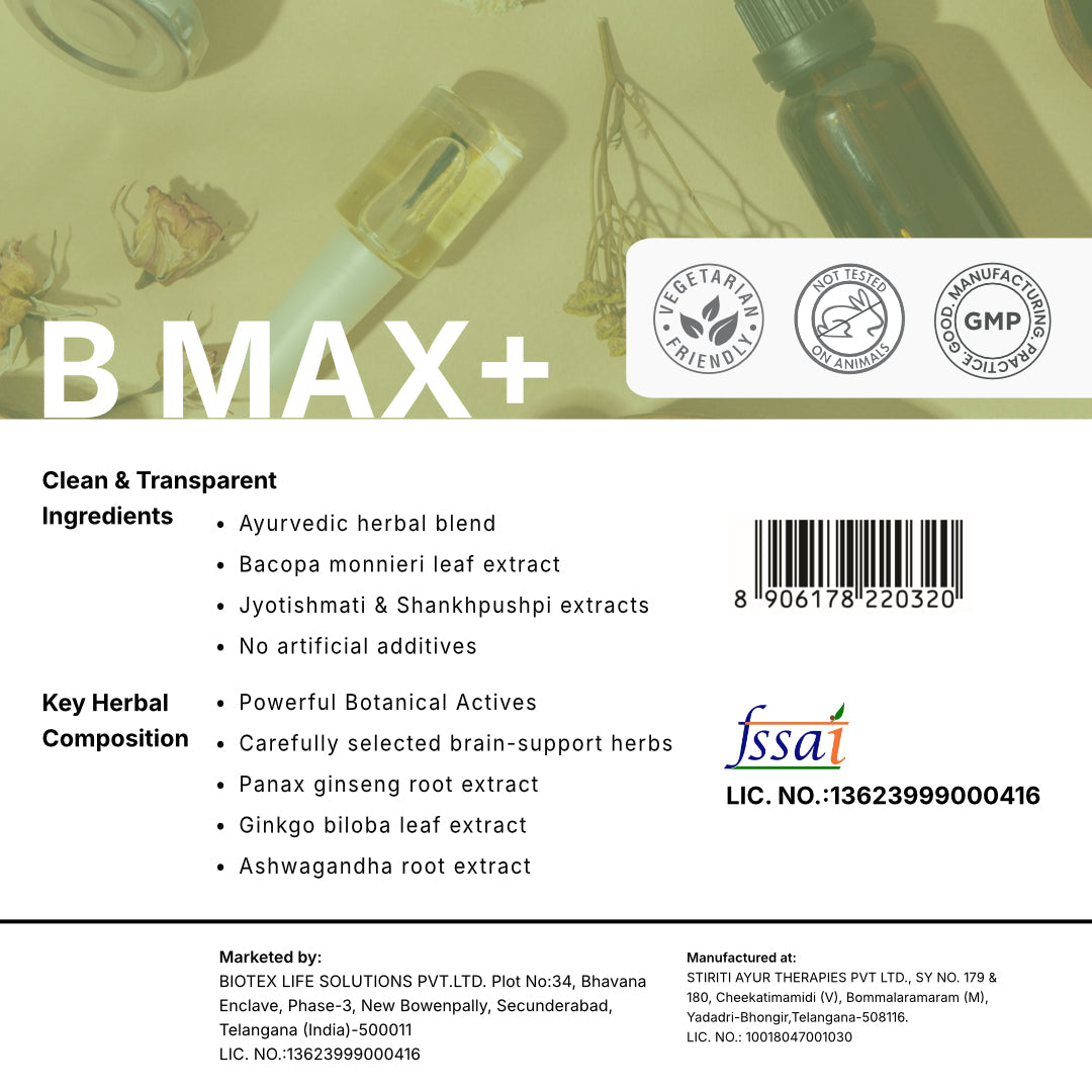 BIOTEX B MAX+ Herbal Capsules with Brahmi & Ashwagandha | Veg