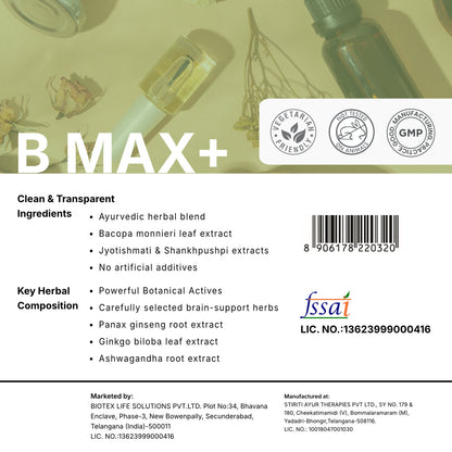 BIOTEX B MAX+ Herbal Capsules with Brahmi & Ashwagandha | Veg