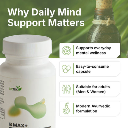 BIOTEX B MAX+ Herbal Capsules with Brahmi & Ashwagandha | Veg